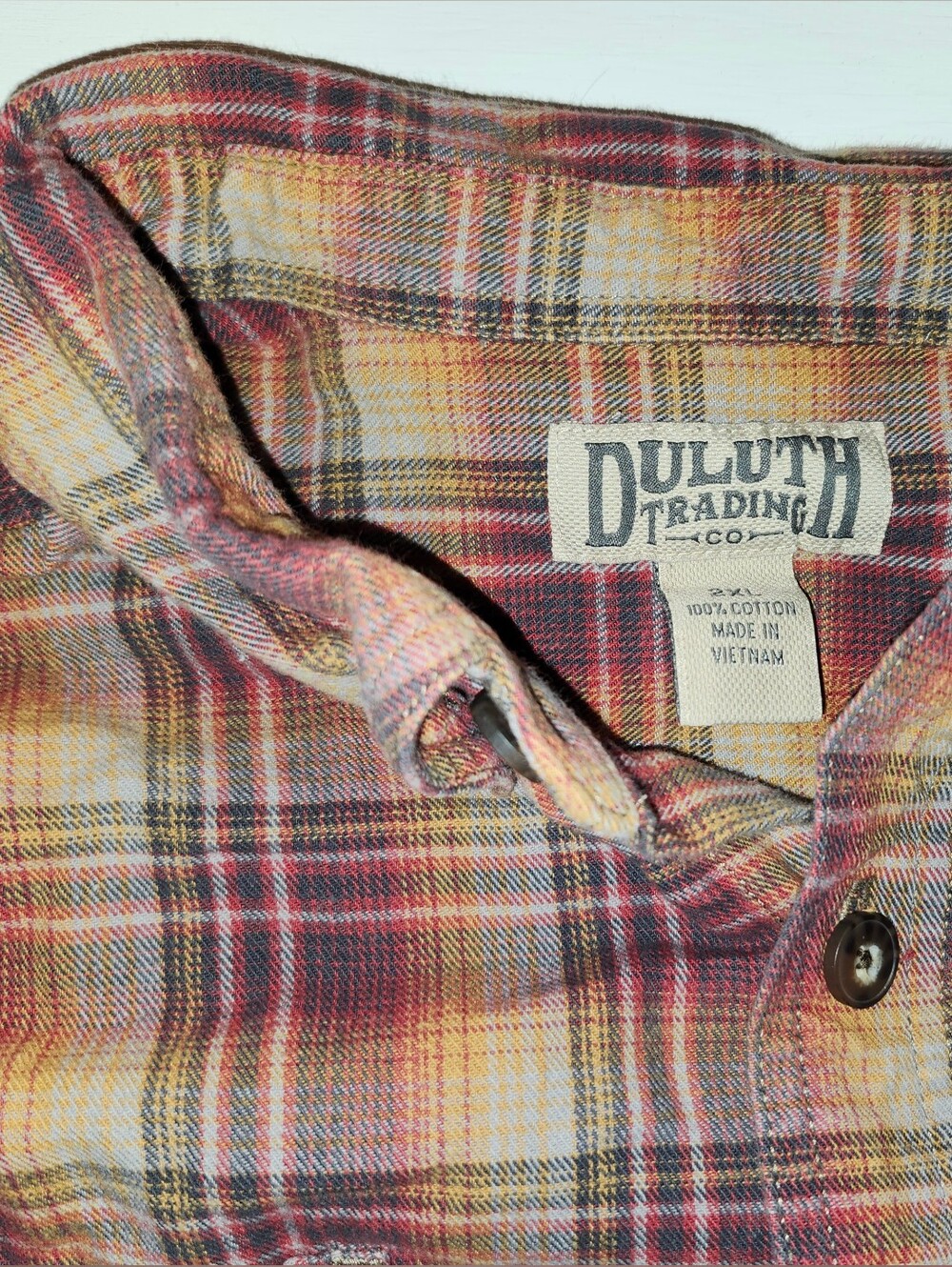 Duluth Trading Co. Plaid Button-Up Flannel Shirt - Mustard, Red, Brown 2XL